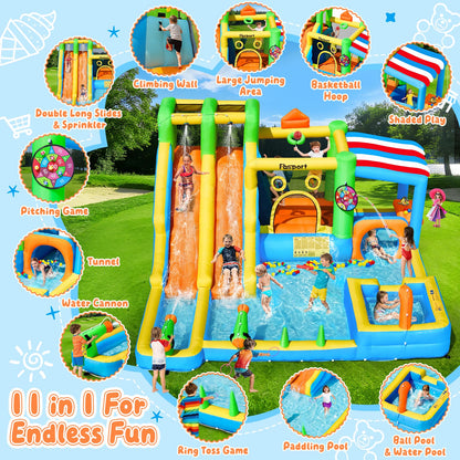 FBSPORT Inflatable Bounce House Double Water Slide,11 in 1 Inflatable Water Slide Park with 680W Blower, Splash Pool, Climbing Wall, Bouncy Castle for Indoor Outdoor Backyard