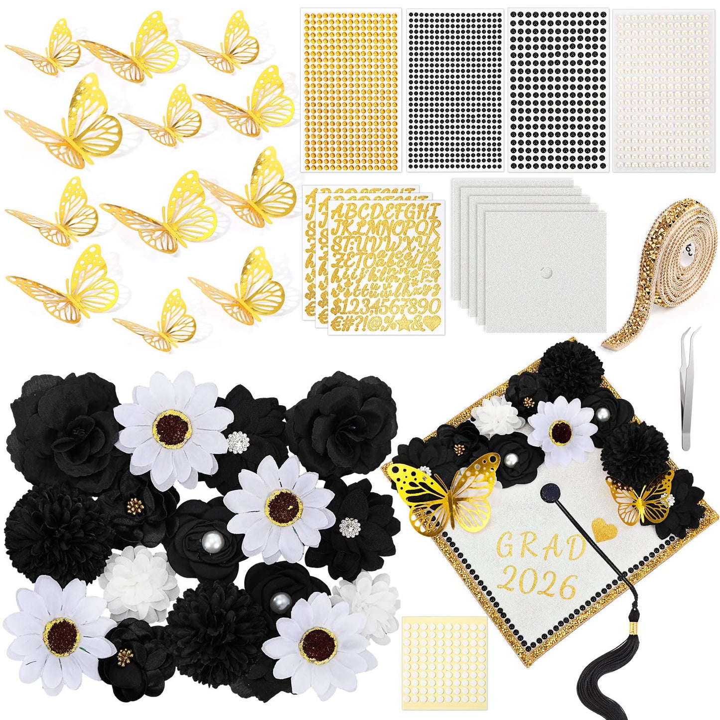 Wavwavw 43 PCS DIY Graduation Cap Decorations Kit, Grad Cap Decorations Included Faux Flowers 3D Butterfly Self Adhesive Rhinestones Stickers Alphabet Letter Stickers for 2026 Grad Party(Black)