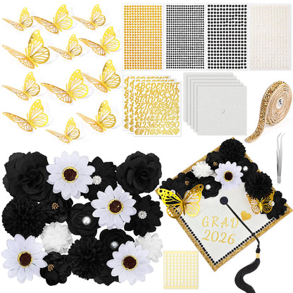 Wavwavw 43 PCS DIY Graduation Cap Decorations Kit, Grad Cap Decorations Included Faux Flowers 3D Butterfly Self Adhesive Rhinestones Stickers Alphabet Letter Stickers for 2026 Grad Party(Black)
