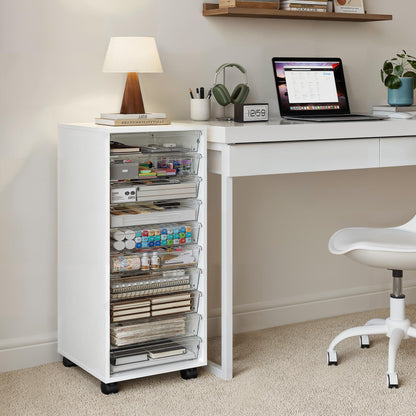 WOPITUES Storage Drawer Cart, Mobile Storage Cabinet, Makeup Storage with 10 Large Clear Drawers, Utility Wooden Rolling Cart on Wheels, for Cosmetic, Art Craft, Office Supplies, Toy, White