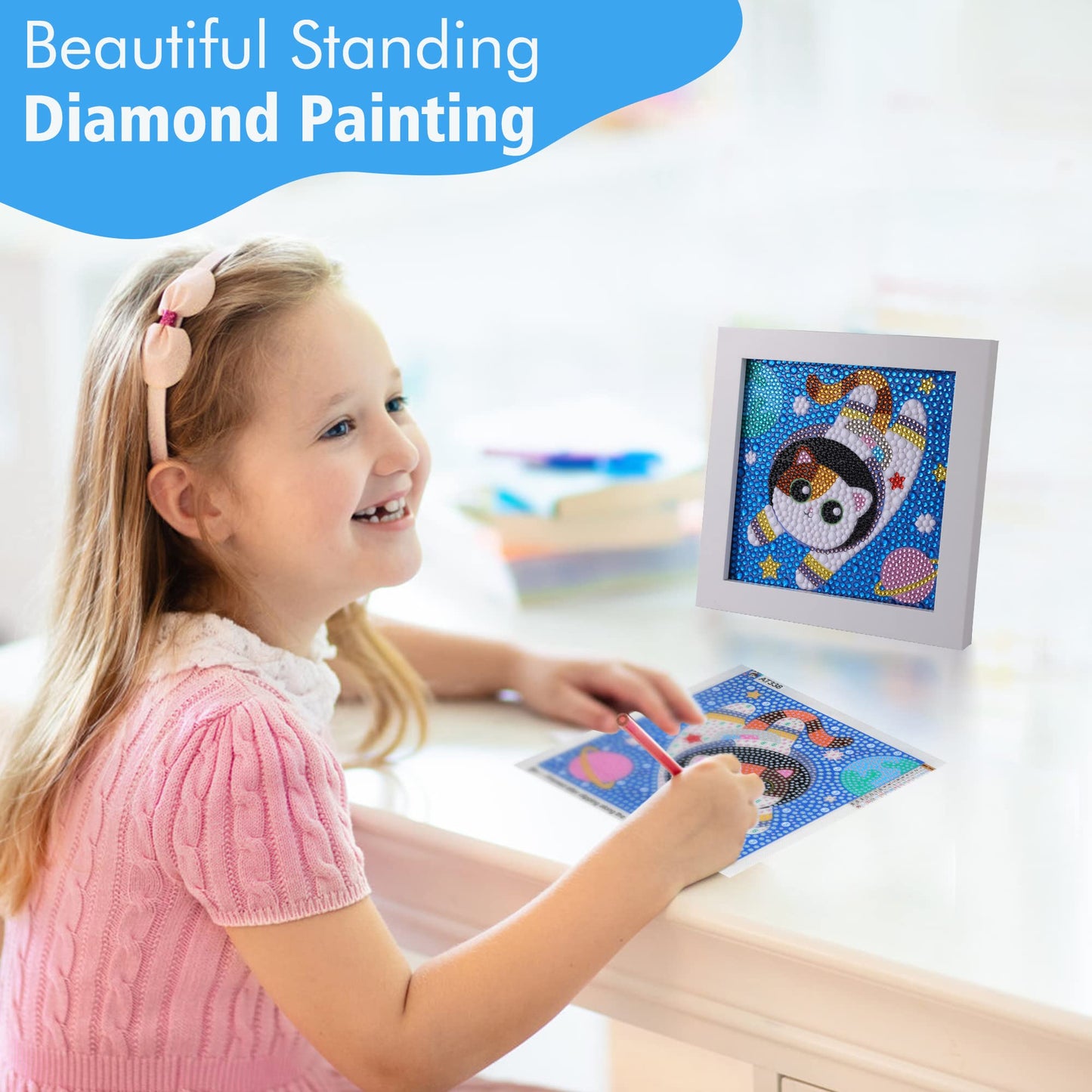 ZALIAFEI Space Cat Diamond Art Kits for Kids, Diamond Art for Holiday, Gem Art Kits for Girls Birthday Gift, Arts and Crafts for Ages 8 10 12