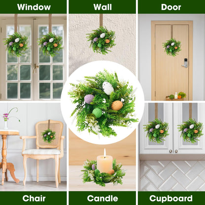 Easter Wreath 4Pcs, 11.8 Inch Easter Wreath with Ribbon, Artificial Egg Lily Green Plants Wreath, Hanging/Tabletop/Candle Ring Decor for Home Front Door, Porch, Wall, Window, Cabinets