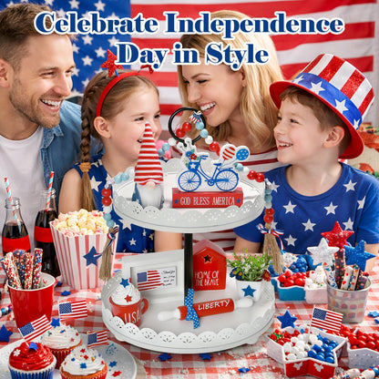 4th of July Decorations Patriotic Tiered Tray Decor Set, 8 PCS Memorial Day Fourth of July Decorations for Home Office Farmhouse Red White and Blue Tabletop Centerpieces Shelf Mantel Tray Decor Signs