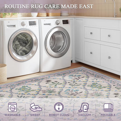 5x7 Purple Rug for Girls Room, Washable Boho Floral Area Rugs for Living Room, Cute Ultra-Thin Non Slip Indoor Girls