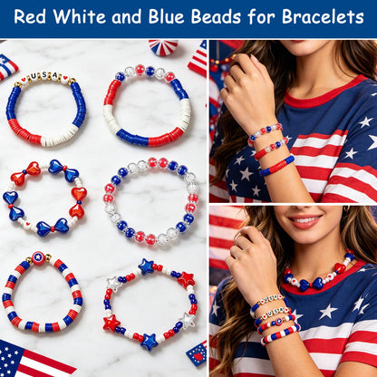 2360+ Pcs 4th of July Beads for Jewelry Making, Red White Blue Patriotic Bead Kit for Bracelets Necklace Craft Supplies Including Clay Charms USA Letter Beads Star Spacer Charms for Independence Day