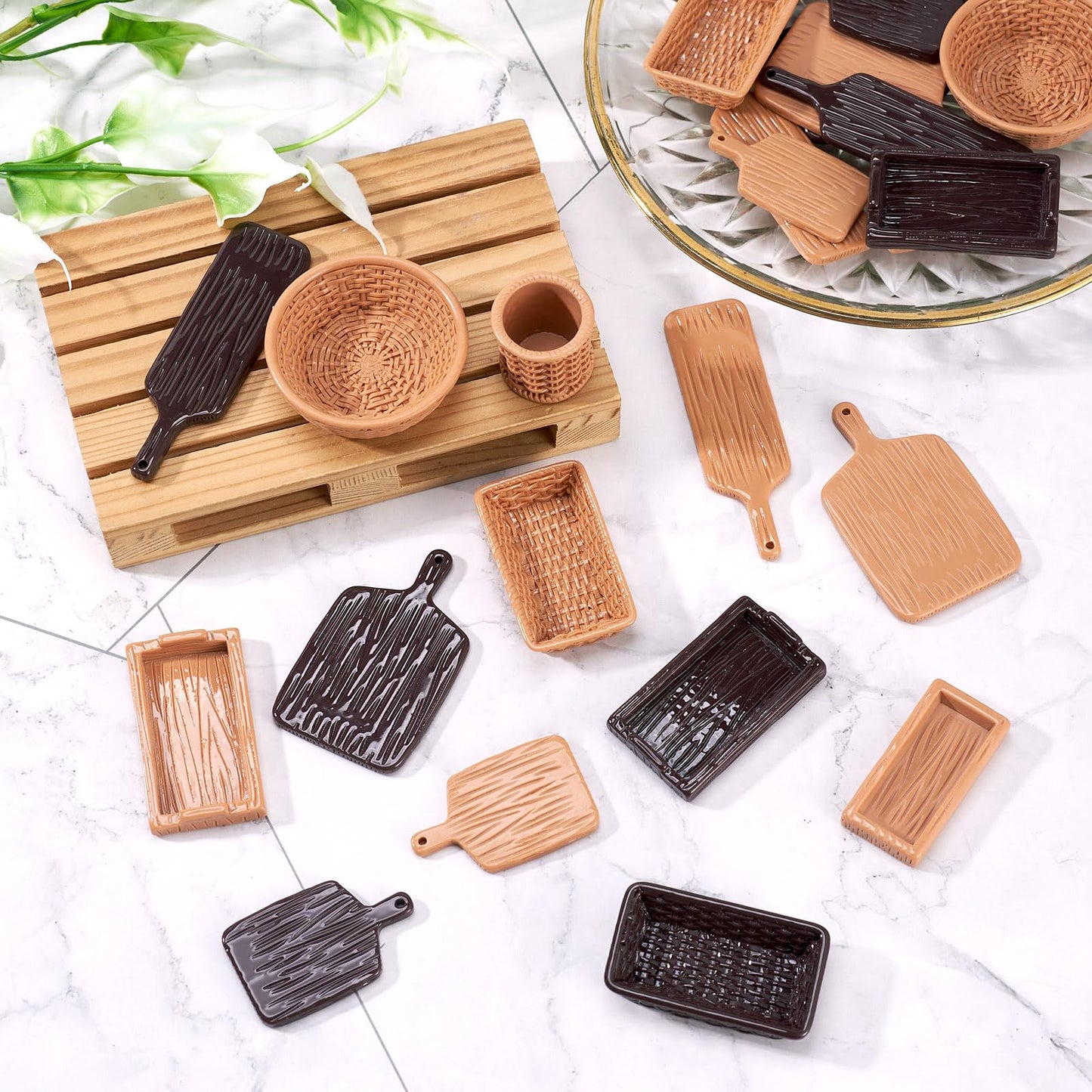 Magibeads 26Pcs Miniature Dollhouse Basket Food Bread Cutting Board Rattan Basket Food Tray Charcuterie Boards Tiny Things Stuff Accessories for Micro Garden Landscape Decoration