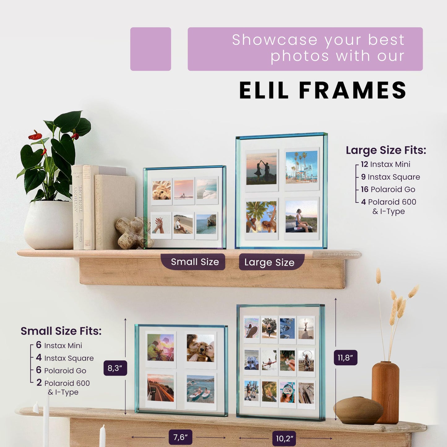 Elil 5x7 Acrylic Picture Frame – Blue Floating Polaroid Fujifilm Instax Display 8.3" x 7.6" Holds 5x7 Photo or 6 Mini or Go Print Double-Sided Collage for Desk Wedding Anniversary Graduation