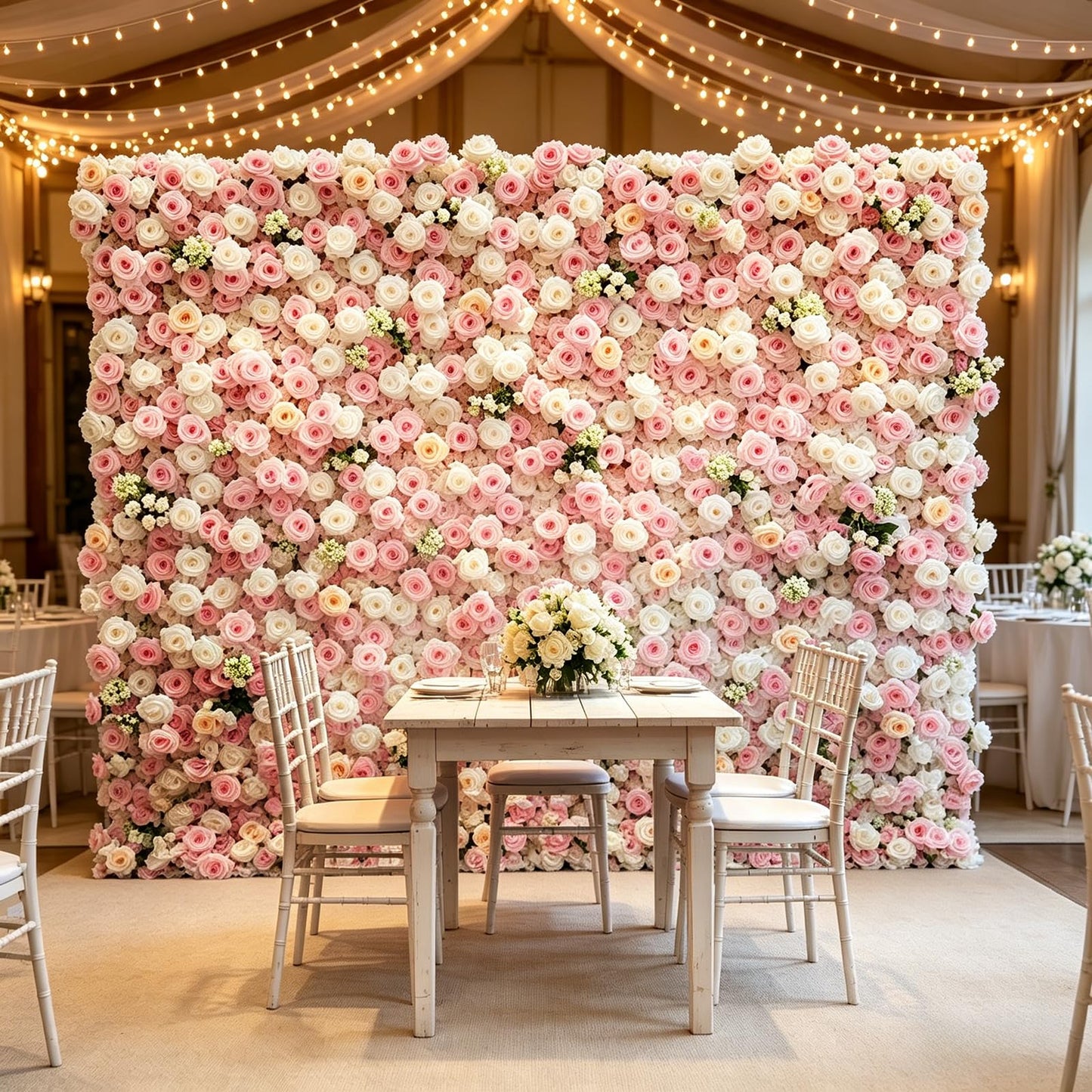 5D Artificial Silk Rose Flower Wall Backdrop, Pink and White Floral Wall, 8×8 Ft, Easy to Install and Store, Reusable, Perfect for Weddings, Birthday Parties, Garden and Home Decor, Without Stand