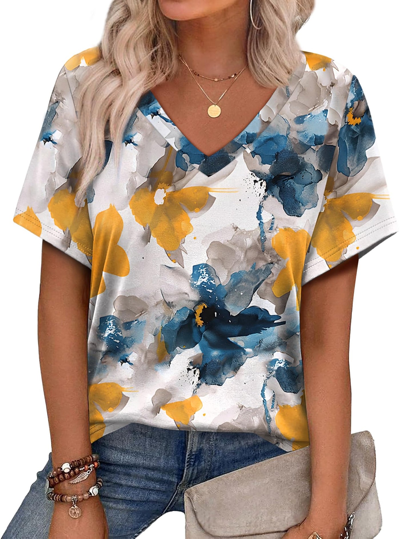Alaroo Oversized Tshirts for Women Dressy Short Sleeve V Neck Summer Tops for Women 2025 Print 06 3XL