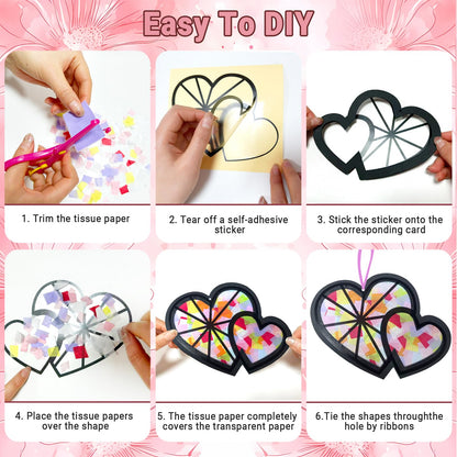 KOPOOEOE 48 Sets Valentines Day Suncatchers Craft DIY Heart Tissue Paper Crafts Kits Valentine Heart Hanging Decorations for Classroom Home Window Stained Glass Effect Art Supplies