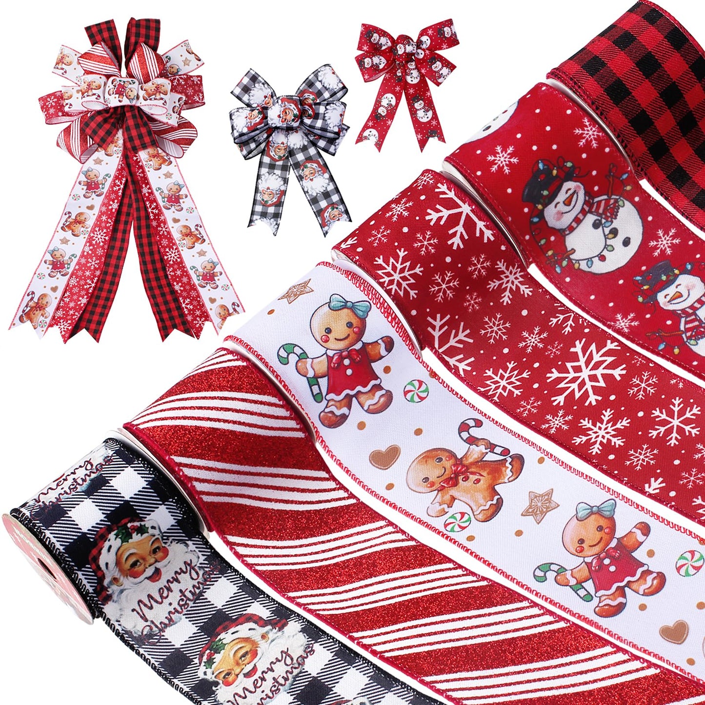 Rinoly Christmas Ribbon Wired 2.5 Inch, 6 Roll 30 Yards - Snowflake/Santa/Glitter Stripe/Buffalo Plaid Christmas Ribbon for Wreaths, Bows, Tree, DIY Crafts