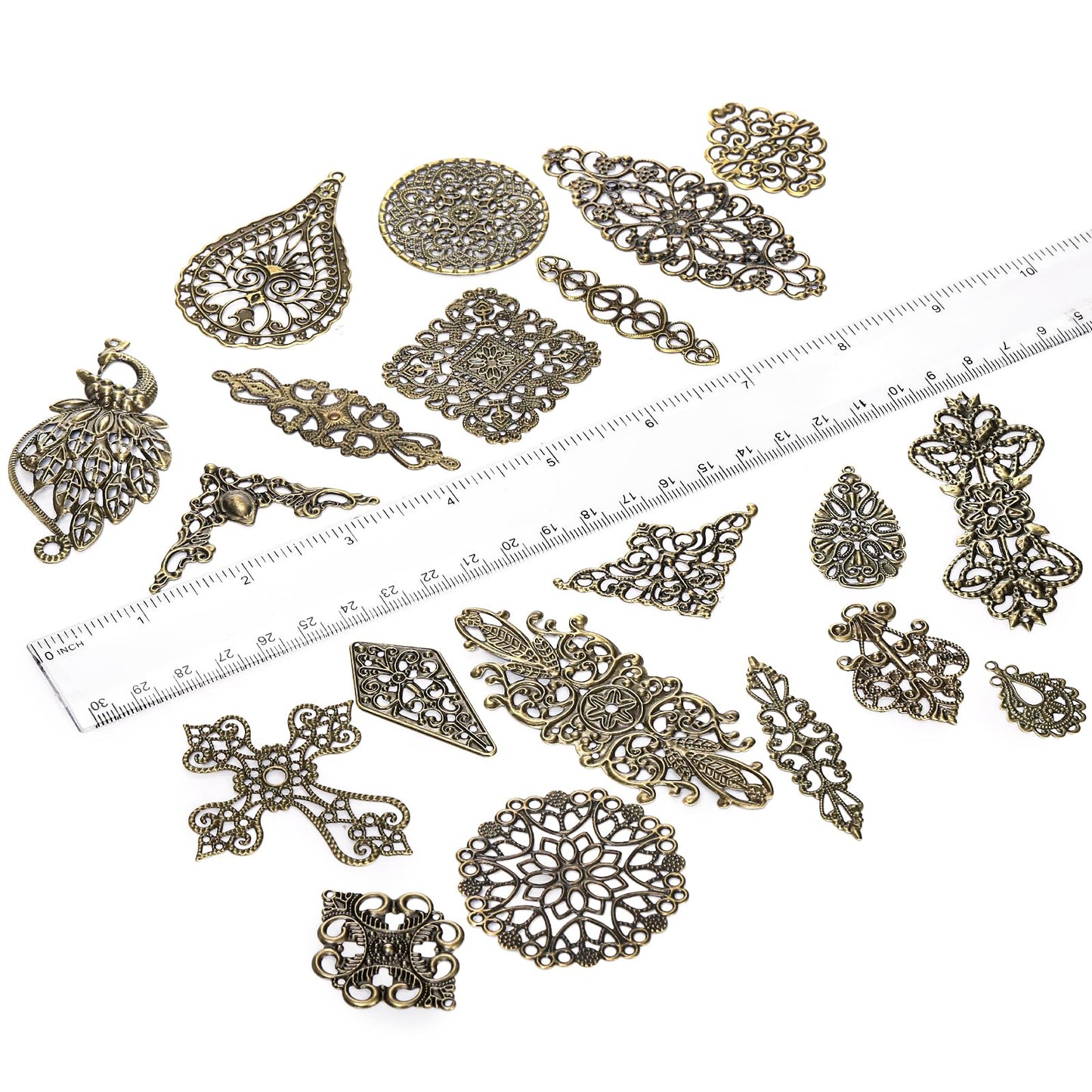 ZOOFOX 120 Pieces Filigree Connectors Charms, Mixed Vintage Earring Necklace Charms Collection, Filigree Metal Embellishments for DIY Jewelry Making, Antique Bronze