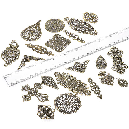 ZOOFOX 120 Pieces Filigree Connectors Charms, Mixed Vintage Earring Necklace Charms Collection, Filigree Metal Embellishments for DIY Jewelry Making, Antique Bronze
