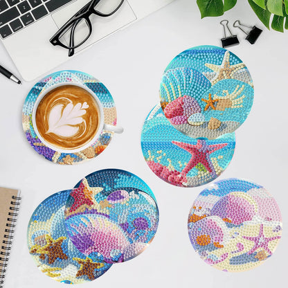 8 Pcs Beach Diamond Art Coasters with Cork Pads, 5D Shell Diamond Painting Coasters, Non Slip Diamond Art Kits for Adults-Crafts Supplies for Gift