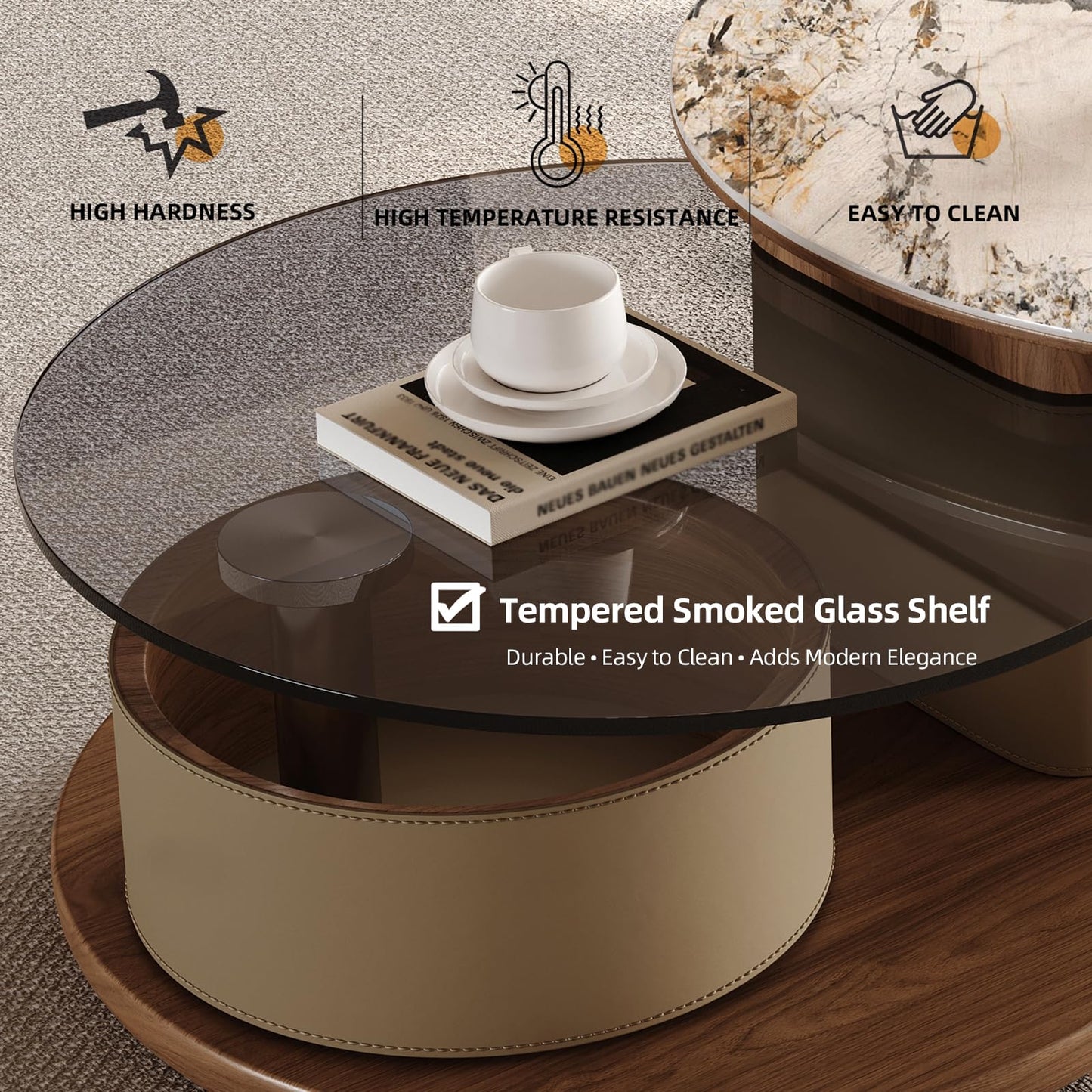 KEIKI 32" Faux Marble Tabletop Round Wood Storage Coffee Table with Rotating Wheels, 2 in 1 Design Modern Coffee Table, No Assembly Required, for Apartment, Living Room, Bedroom, Reception Room, White