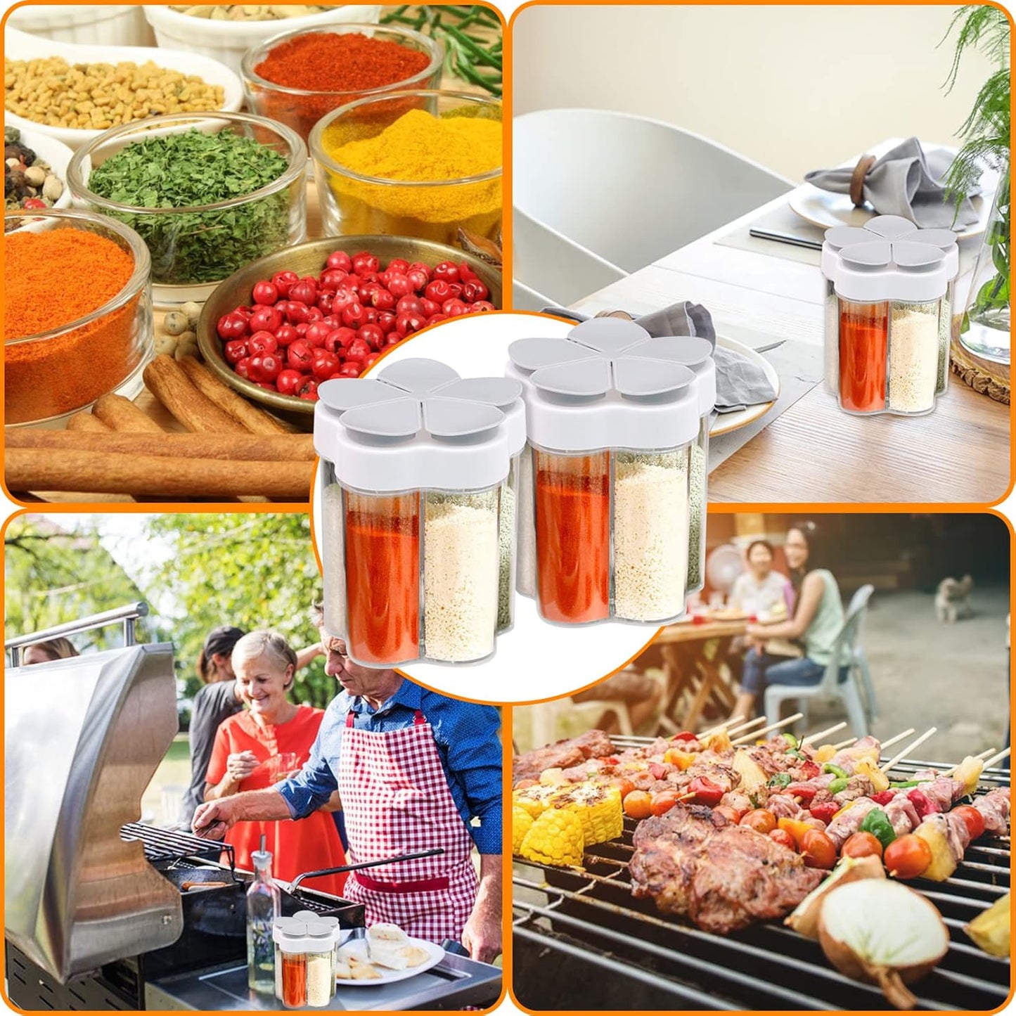 2 PCS Travel Spice Containers 5 in 1 Camping Seasoning Jars, Clear Plastic Condiment Bottle for BBQ, Picnic