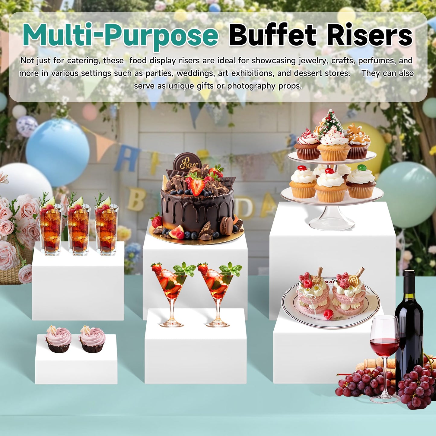 NoderLoya 6Pcs Buffet Risers,Food Risers for Buffet Table Display Stand Shelf for Party Catering Dessert Jewelry Collectibles Acrylic Cube Boxes Display Nesting Risers (white-S(5,6,6.8,7,7.5,8)