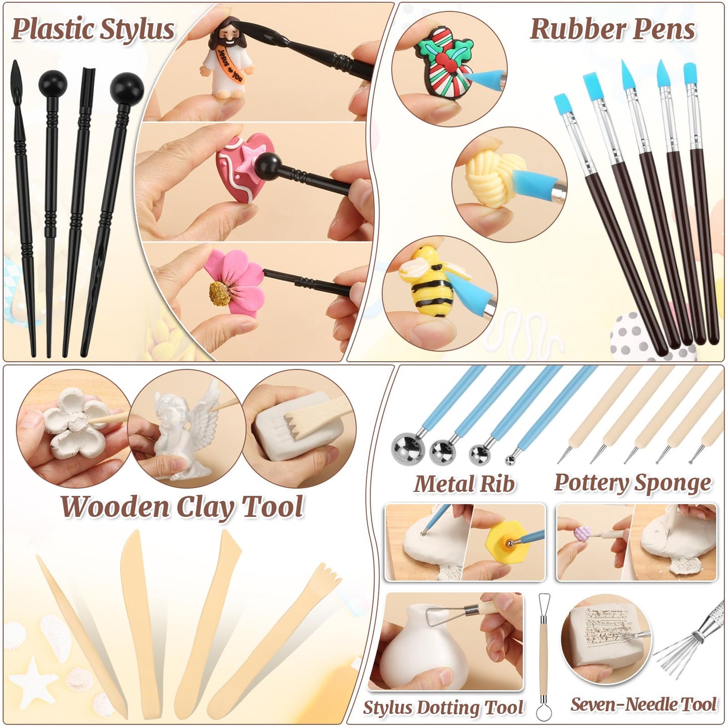 Natural Air-Dry Clay, 8 LBs Pottery Clay with 100ML Glaze Gloss Clay Varnish Protects and 27 PCS Pottery Tools Sculpting Tool Set, Air-Dry Clay Kit for Adults Beginner DIY Craft Gift