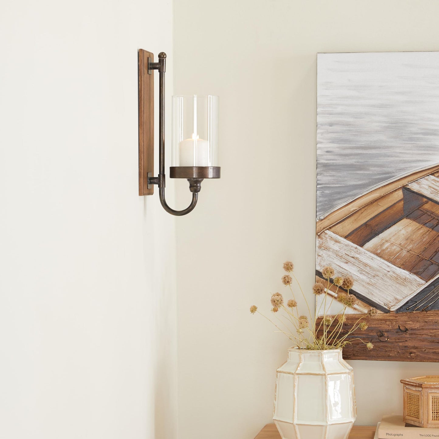 Deco 79 Wood Wall Sconce with Glass Holder, 5" x 8" x 16", Brown