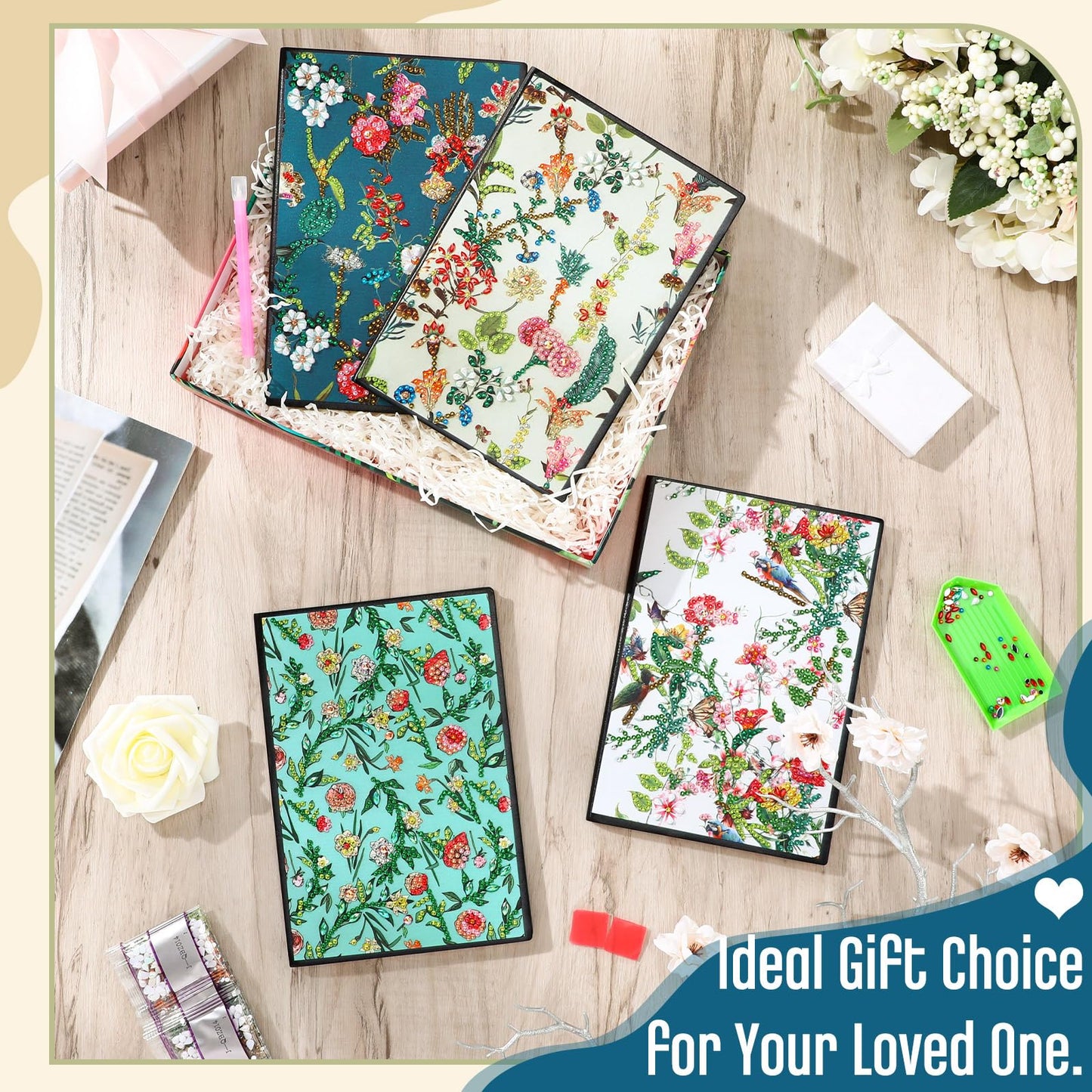 Mooliwe 4 Pcs Diamond Painting Notebook for Adults, Diamond Art Journal DIY Art Kits Sets A5 Leather Painting Sketchbook Christmas Gifts for Adults Beginners(Summer Floral)