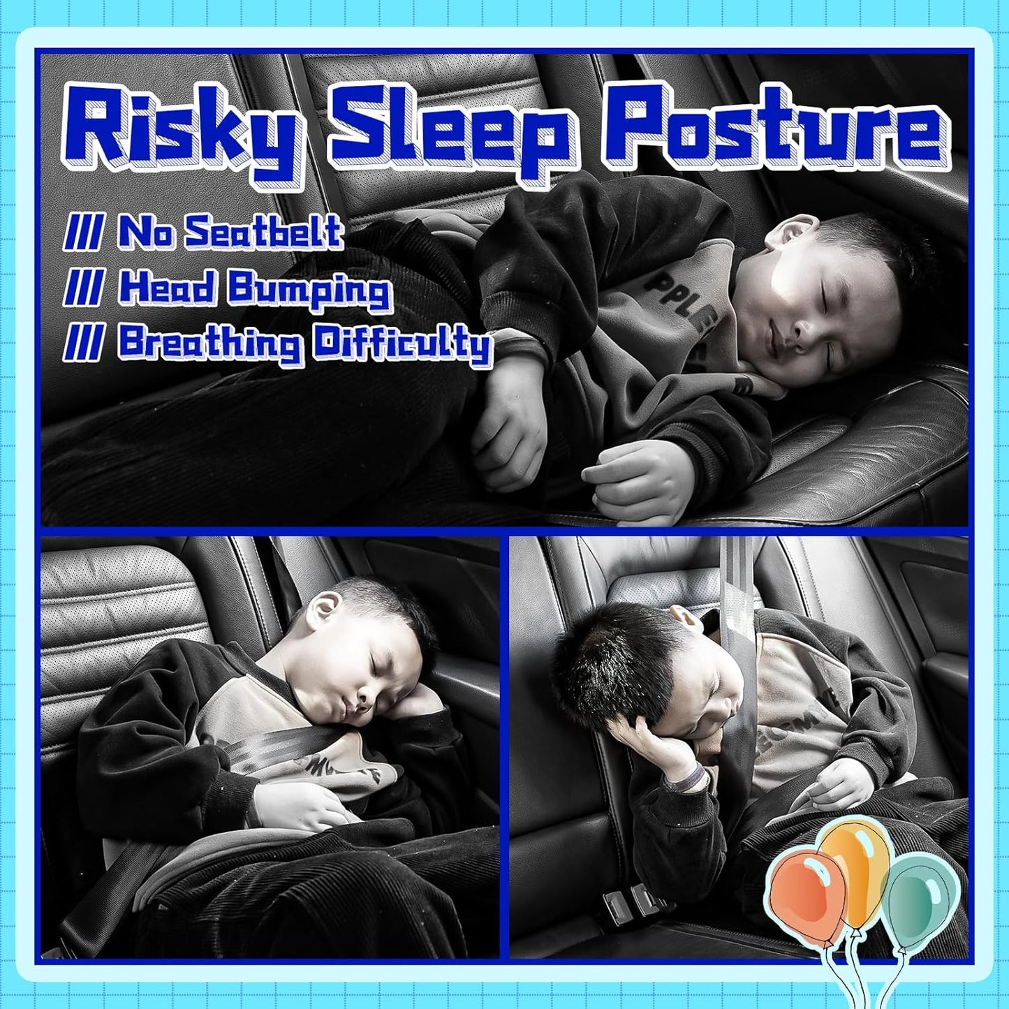 Ivtivfu H-Shape Car Seat Pillow for Kids (Blue Dinosaur), Kids Car Pillows for Sleeping, Child Car Sleeping Head