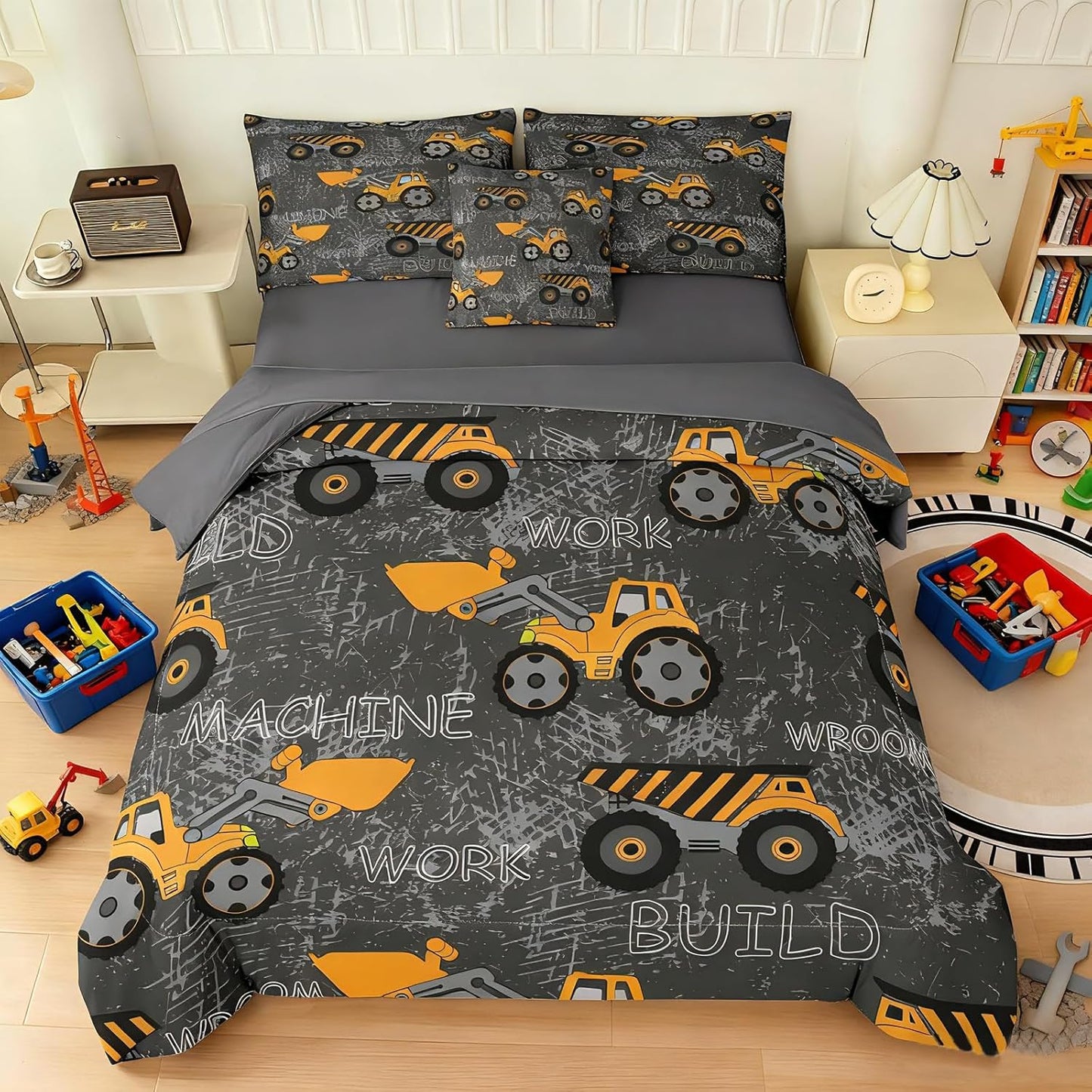 6 Set Set, Bag(1 1 1 2 1 Piece Construction Comforter Full, Truck Cars Excavator Tractor Dark Grey Bedding Soft