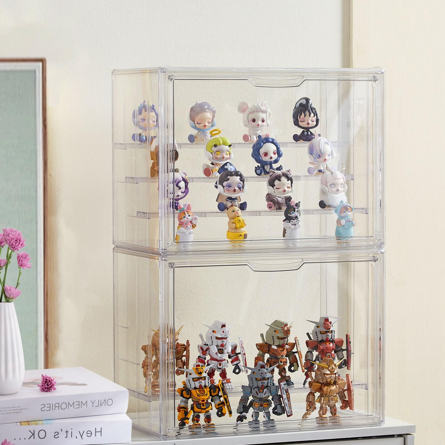 Clear Acrylic Display Case Upgrade 4 Tier Figure Display Cases with 3 Movable Dividers, Stackable Display Box Showcase with Magnetic Door for Collectibles (Large-1pack)