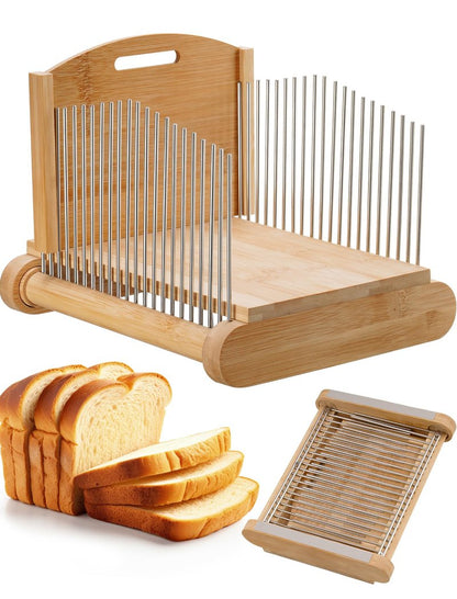 NiHome Bamboo Bread Slicer for Homemade Bread with Stainless Steel Guides, Adjustable Thickness for Toast & Sandwiches, Foldable Compact Sourdough Wood Cutting Board