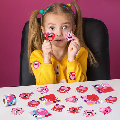 ANGOLIO 300Pcs Valentine's Day Monster Make a Face Stickers Roll Make Your Own Valentine Monster Stickers Label Waterproof Vinyl Decals for Greeting Cards Party Decor Candies Bags Gift