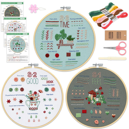KintKita Embroidery Kit for Adults Beginners, 3 Stages to Learn 31 Basic Embroidery Stitches Practice Cross Stitch Kits for Beginners with Embroidery Patterns, Hoop,Threads,Tools