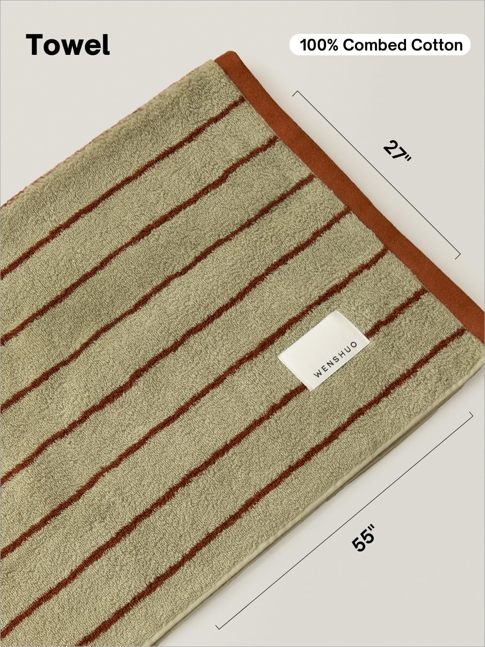 WENSHUO Moss Beacon-Pure Cotton Striped Bath Towel,100% Combed Cotton,Luxury Shower Towel,Super Absorbent(Pack of 1) (55.12" L × 27.56" W)