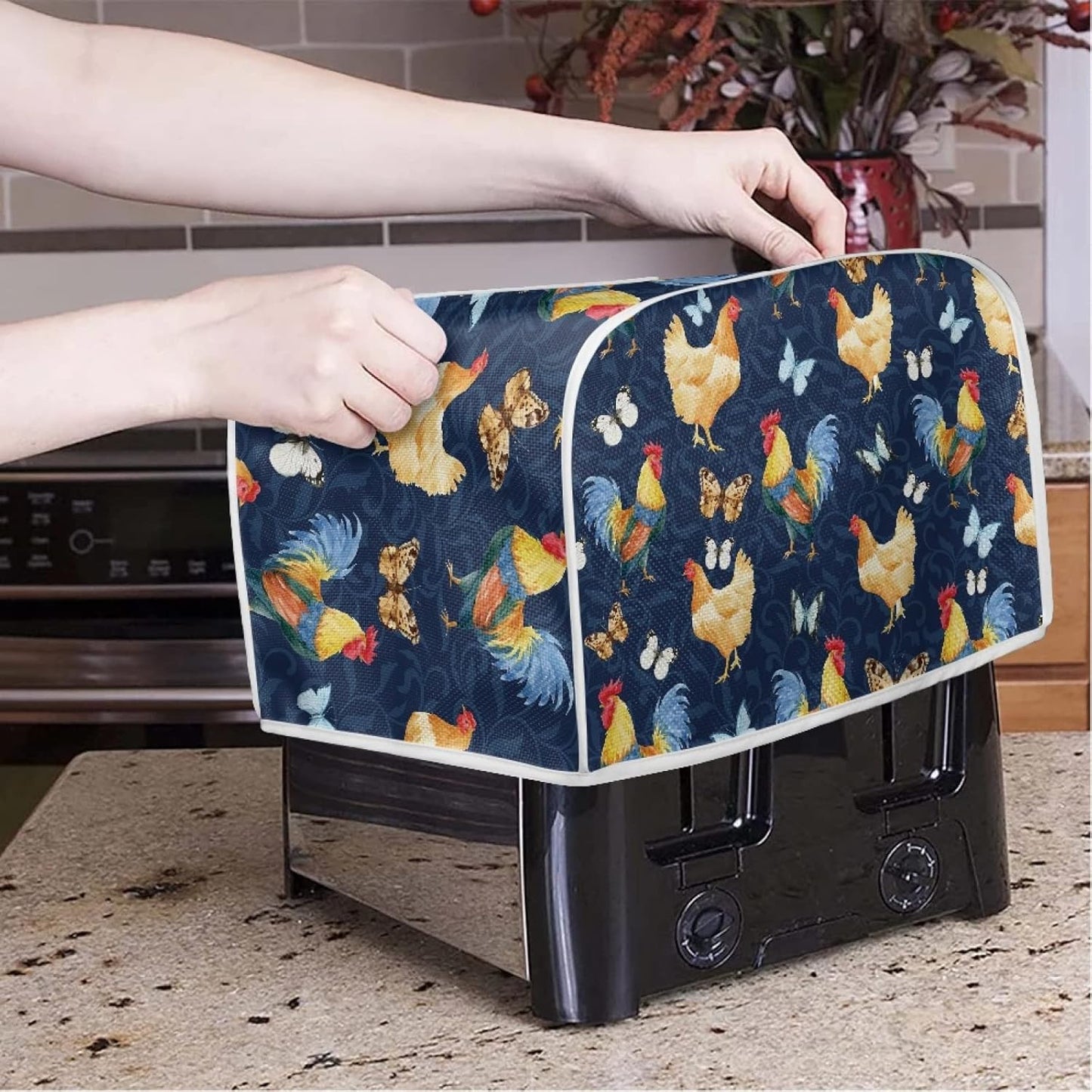 Toaster Cover 4 Slice, Rooster Chicken Pattern Kitchen Decor, Protective Cover for Bread Maker, Machine Washable