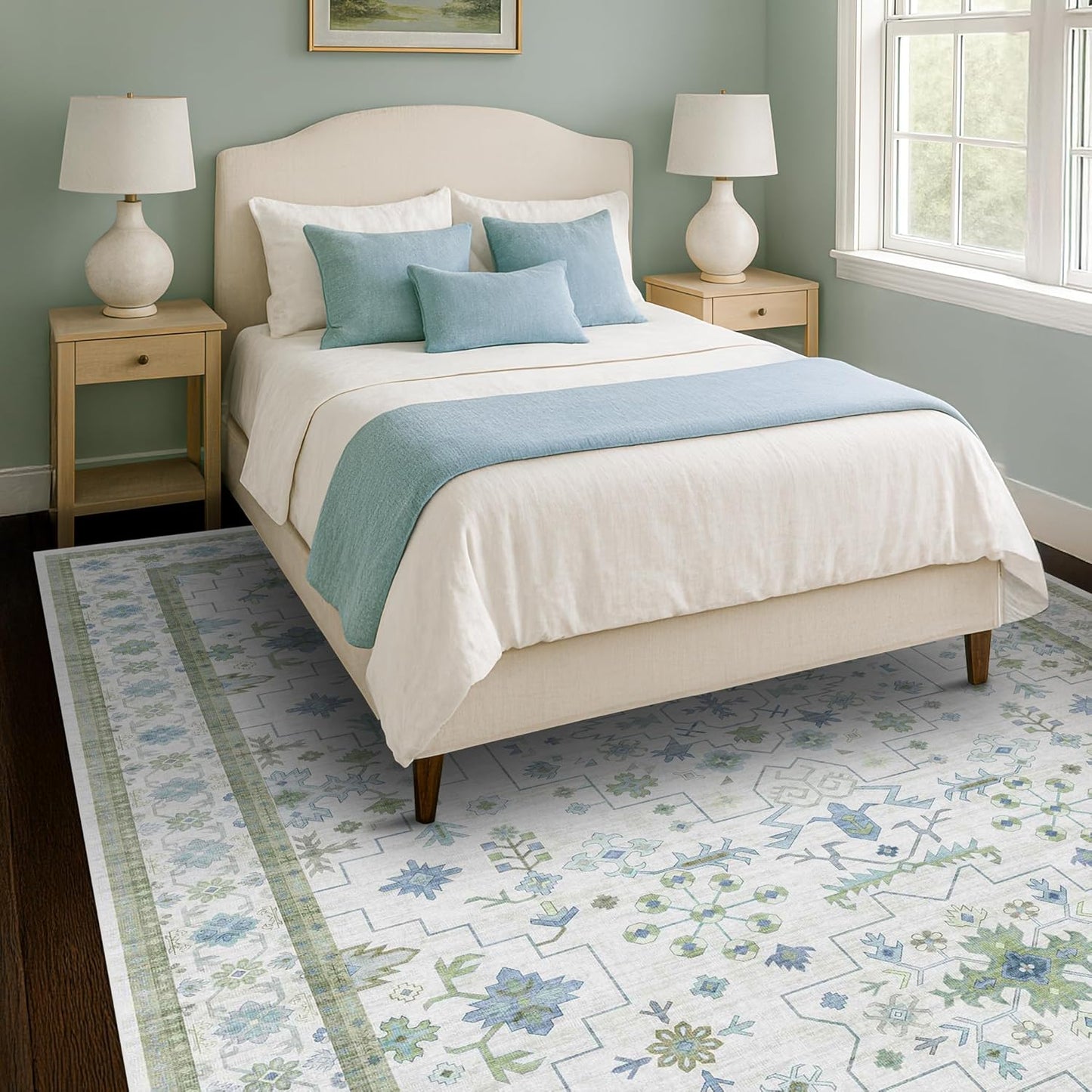Regine Switzerland Large 8x12 Area Rug - Washable Non-Skid Geometric Floral Design in Cream Green
