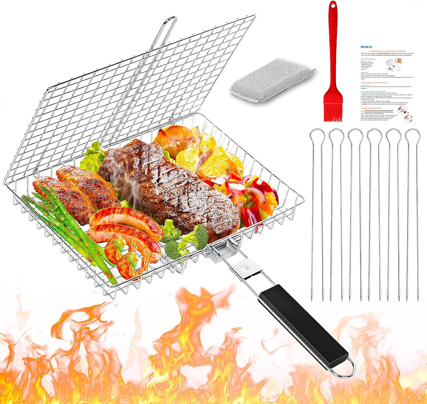 WHALERISE 6pcs,Basting Grill Basket for Outdoor Grill, Stainless Steel Grilling Basket with Foldable Handle, Portable