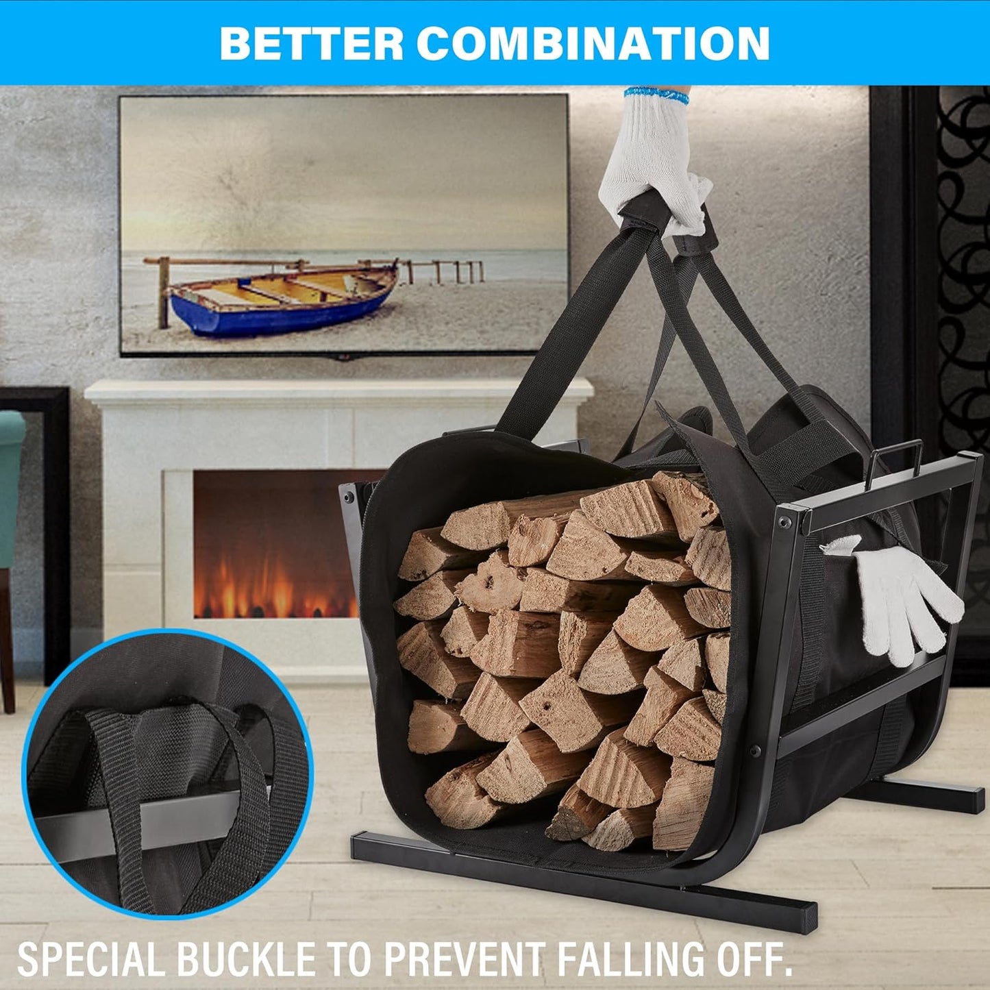 Firewood Carrier, Black Canvas Waterproof Heavy Duty Log Carrier Bag with Handle, 2PK for Fireplace and Camping