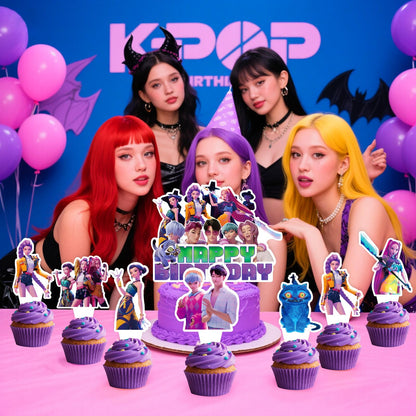 Korean Idol Demon Movie Hunters Birthday Party Decorations, 25 Piece Cake and Cupcake Toppers Set, Cartoon Animation Theme for Kids Birthday Celebrations