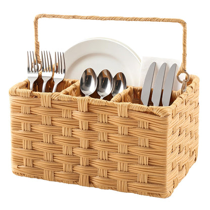 Laveduso Wicker Utensil Caddy – Tabletop Utensil & Silverware Organizer with Handle, Multi-Use Cutlery and Condiment Holder, Kitchen Countertop Basket, Ideal for Parties, Picnics & Buffets