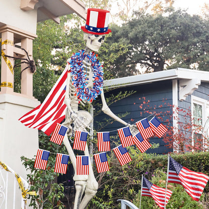 Bunnycool 4 Pcs 4th of July 12 ft Skeleton Patriotic Outfit Accessories Hat, Cape, Flag Banner, Tinsel Garland Giant Skeleton Costume Clothing for Parade Garden Lawn Outdoor Decor