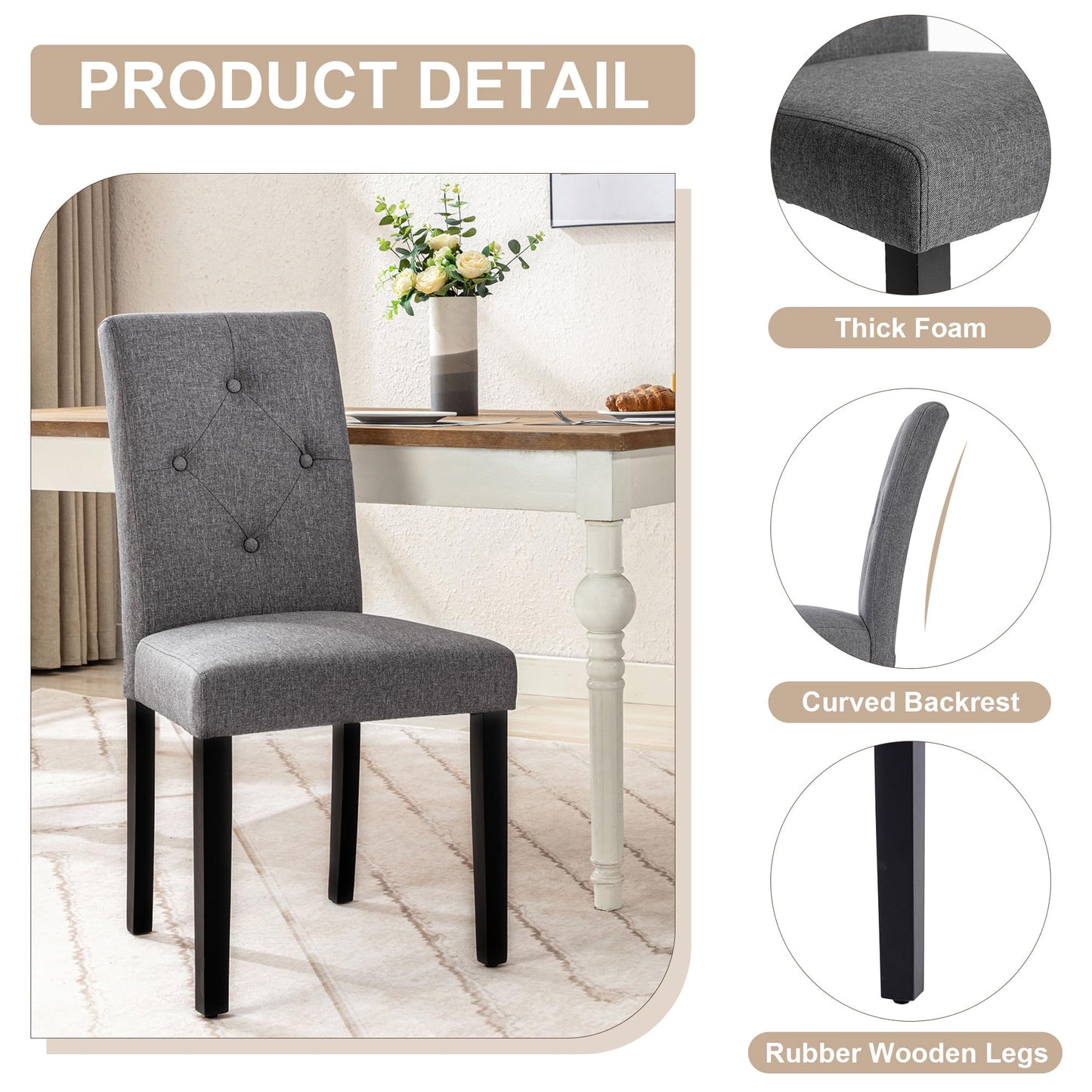 VECELO Upholstered Dining Chairs Set of 6, Modern Fabric and Solid Wood Legs &High Back for Kitchen/Living Room- Dark Gray