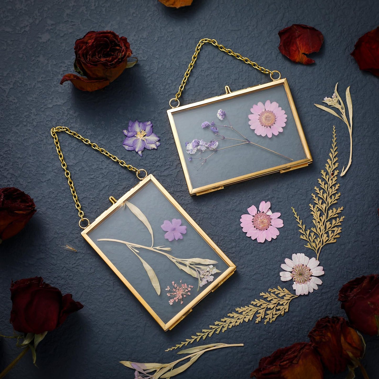 Kigley Double Glass Frame for Pressed Flowers Floating Hanging Photo Frame Gift for Graduation Mother's Day 3.5 x 2.5 in Brass Clear Decor with Chain for Display Gallery Artwork (Gold,12 Pcs)
