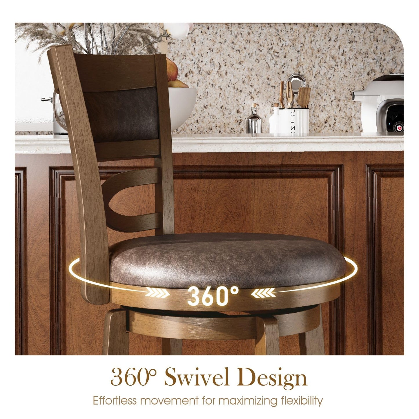 Sophia & William Swivel Bar Stools Set of 2, 26 Inch Counter Height Barstools with Backrest & Solid Wood Legs, Faux Leather Bar Stools for Kitchen Island