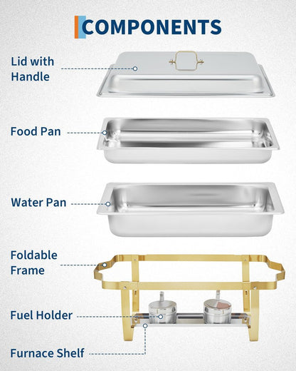 Garvee Chafing Dishes for Buffet Set of 2, 8QT Buffet Servers and Warmers Set with Lid & Foldable Frame, Rectangular Stainless Steel Chafer Food Warmer for Parties Wedding Catering Supplies, Gold
