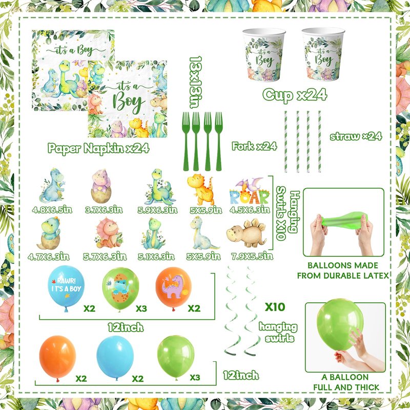 Dinosaur Baby Shower Decorations for Boy, It's a Boy Baby Shower Party Supplies Disposable Dino Plates Napkins Banner Tablecloth Cake Topper Balloon for Dinosaur Birthday Party Decorations, Serve 24