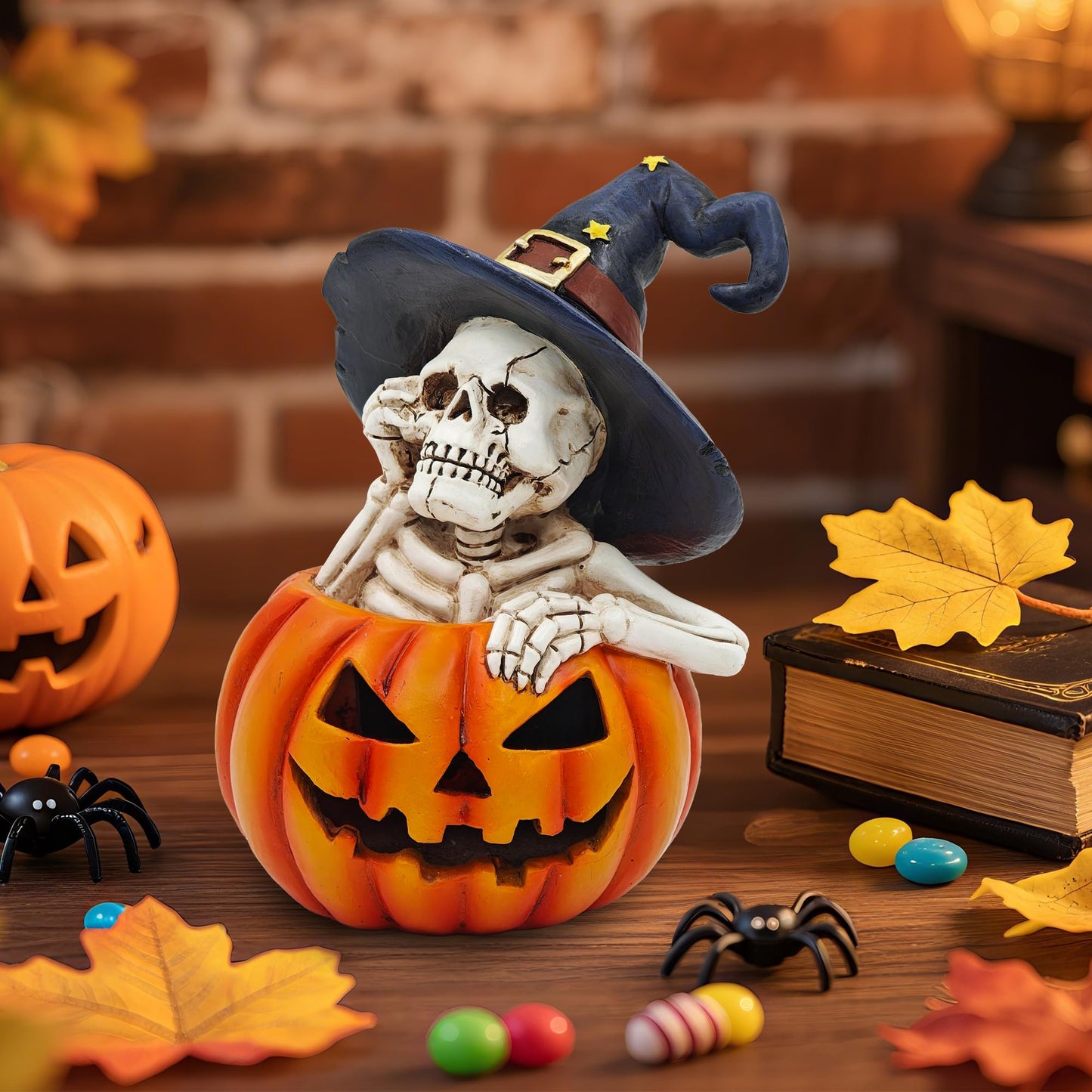 CFFOWNUG Skeleton Halloween Indoor Decoration: 6.1'' Witch Hat Skeleton Ornament with Solar Pumpkin for Home Fireplace Office Party Perfect Figurine Gift for Gothic Lovers