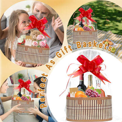 Mapaim 4 Set Bamboo Gift Baskets Empty, Foldable Woven Storage Basket with Handle, Gift Basket Kit with Wrap, Bows & Cards, Empty Gift Baskets to Fill for Baby Shower, Wedding, Holiday Gifts (Oval)