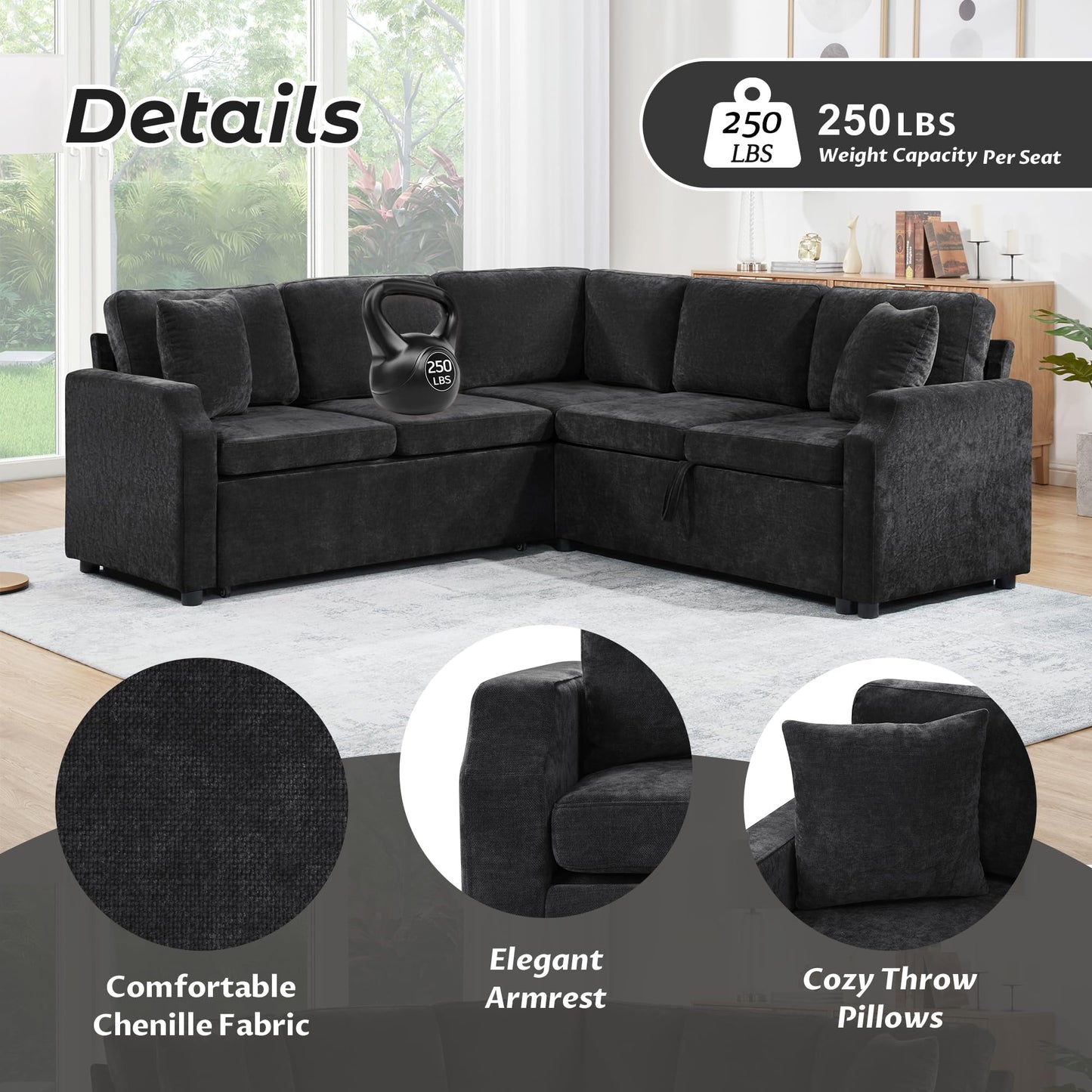 Eafurn 82 INCH Convertible Sleeper Sectional Sofa Pull Out Couch Bed for Living Room - Chenille Upholstered Symmetrical L Shaped Corner Sectional Couch W/Storage and Throw Pillows