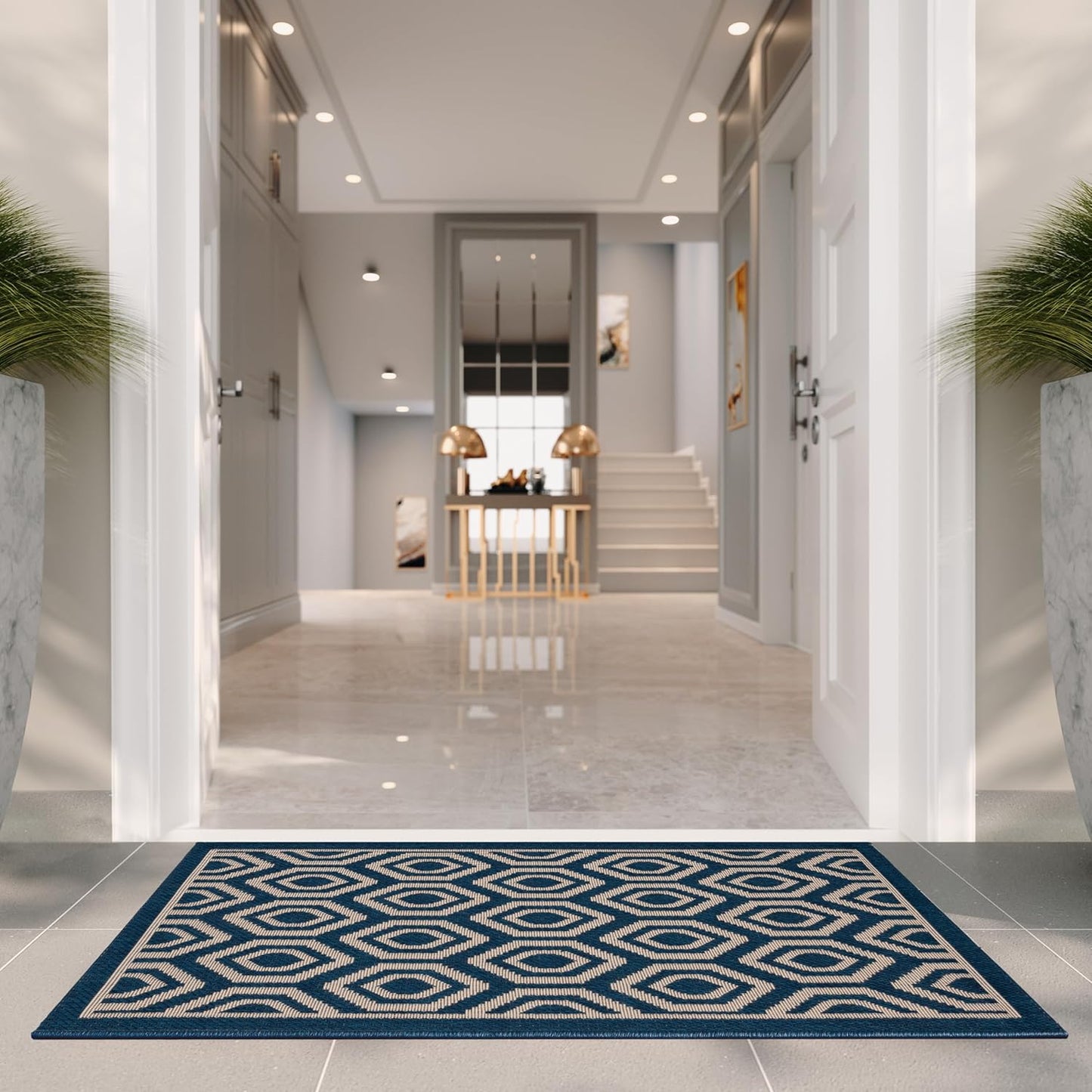 SAFAVIEH Courtyard Collection 2' x 3'7" Navy/Beige CY6902 Indoor/Outdoor Waterproof Accent Rug for Patio, Backyard