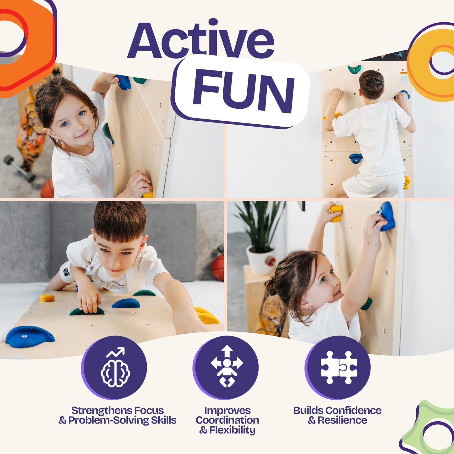 ComfyBumpy Rock Climbing Wall for Kids | Indoor Playground Play Gym Set with Drawing Blackboard & 12 Non-Slip Holds | Durable Wooden Climber for Ages 3+ | 132 lbs Capacity | Easy Assembly