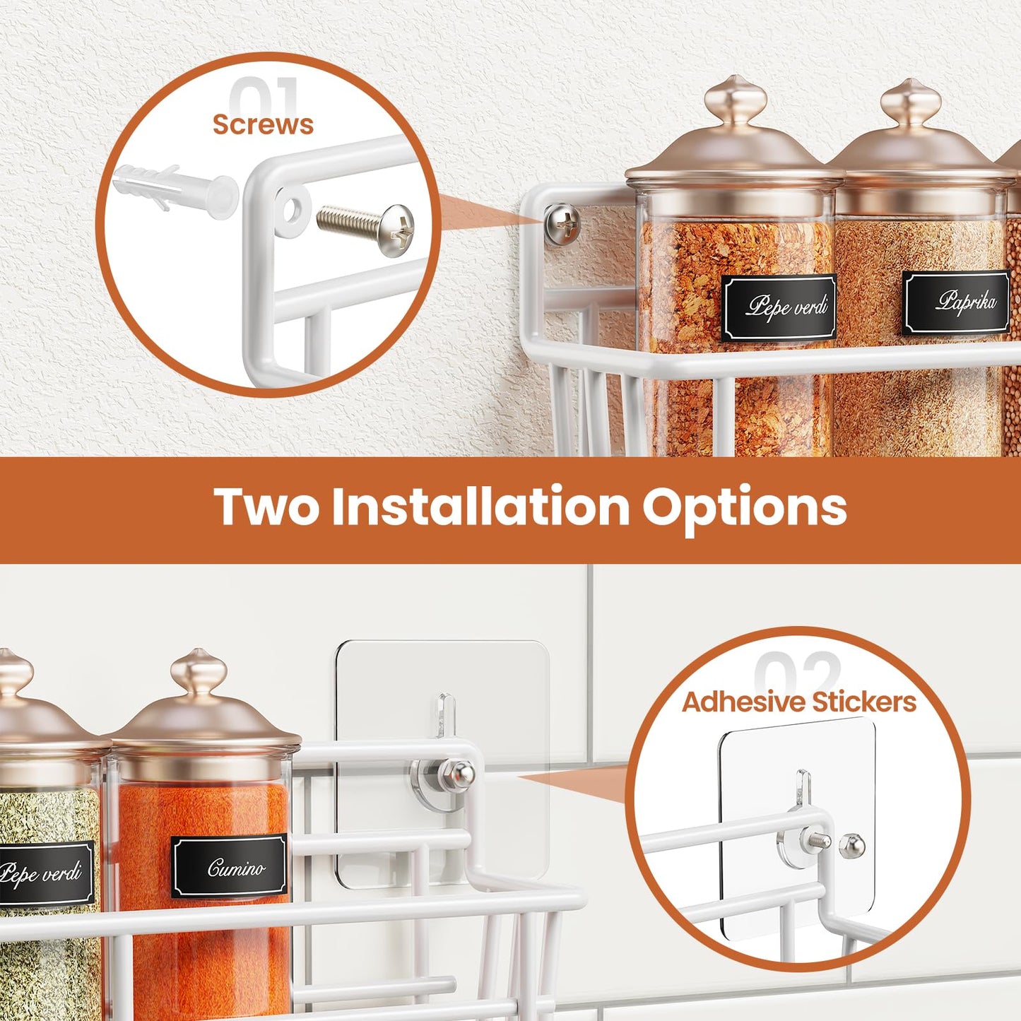 5 Pack Spice Rack Seasoning Organizer Wall Mount, Screw or Adhesive Hanging Shelf Basket Spice Organizer Shelf for Kitchen, Black