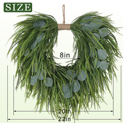 Artificial Saw Grass & Eucalyptus Wreath for Front Door, 22" Faux Saw Grass Fake Eucalyptu Greenery Hanging Heart Shaped Wreath for Wall, Farmhouse, Window,Home Decor | Spring Summer
